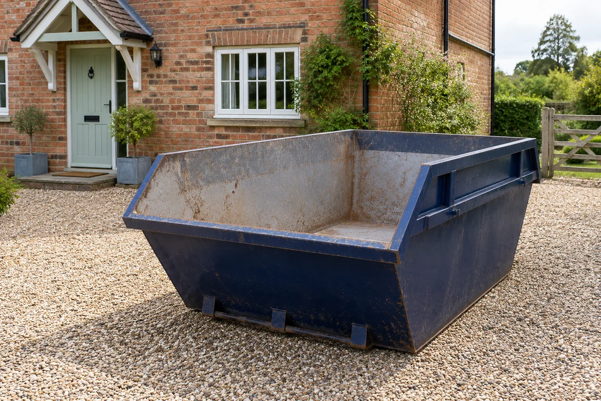 Blue skip outside a British residential property