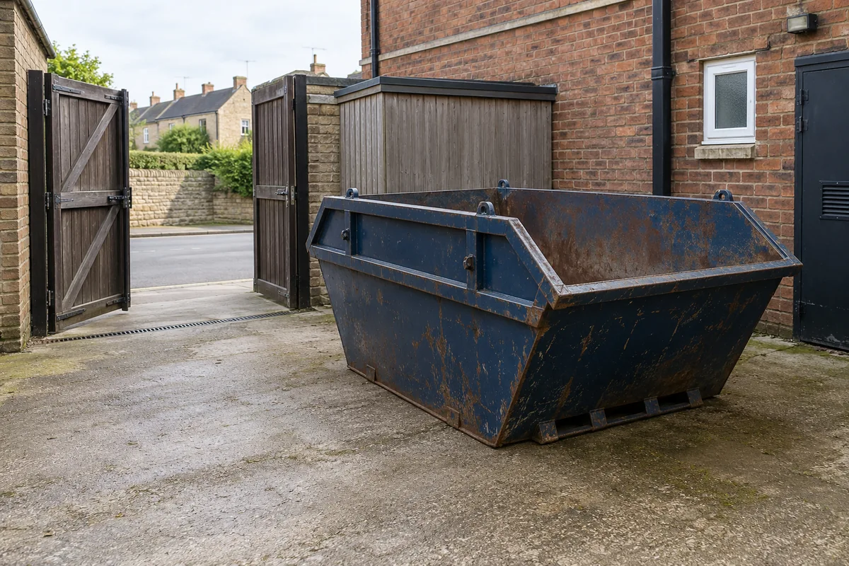 Empty blue skip in a private yard behind a village building
