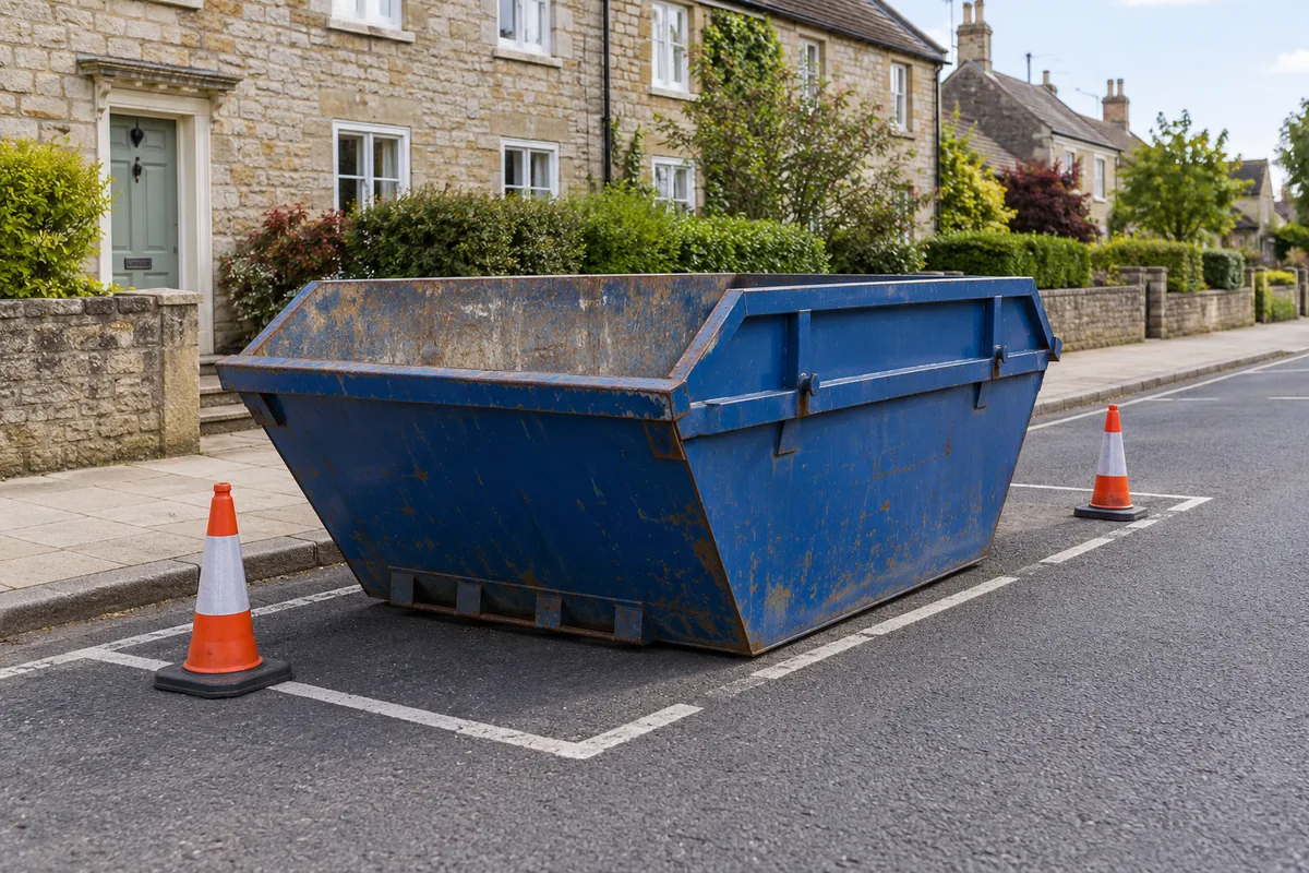 Empty blue skip in a roadside parking space beside a clear pavement