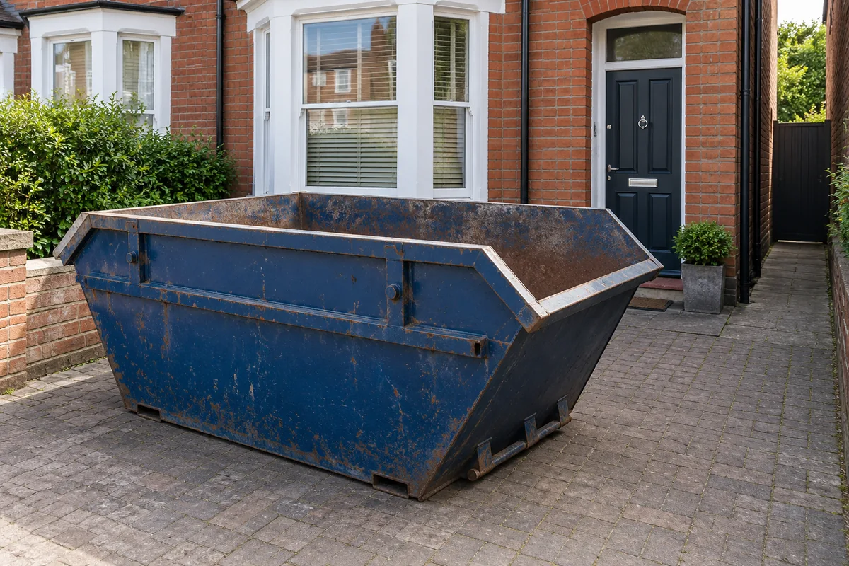 Empty blue skip on a private forecourt beside a terraced cottage
