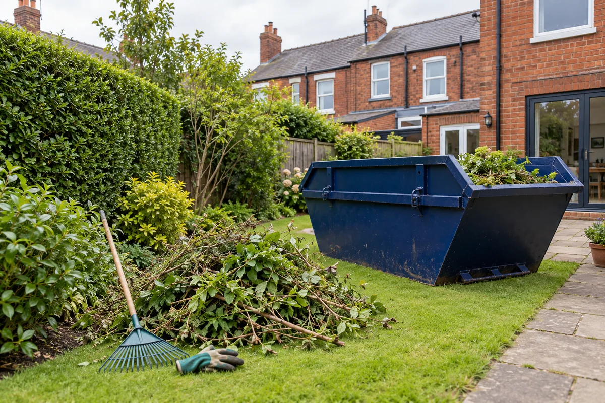 Blue skip in a garden beside hedge cuttings