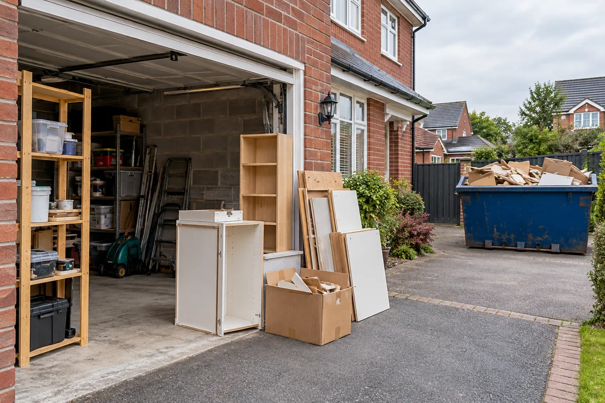 House clearance materials beside an open garage and skip