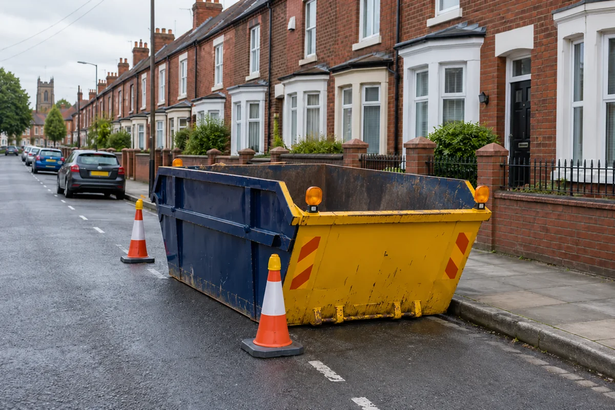 Blue skip on a road beside terraced houses