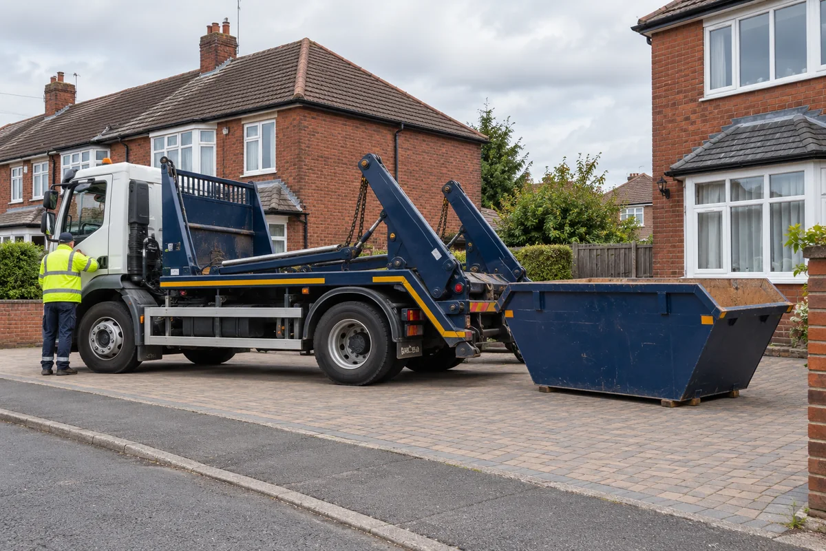 Skip lorry and blue skip beside a residential entrance