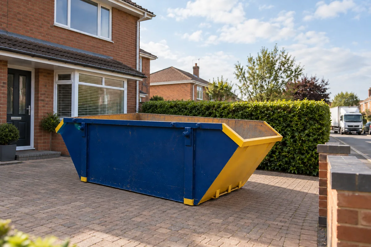 Blue skip outside a British residential property