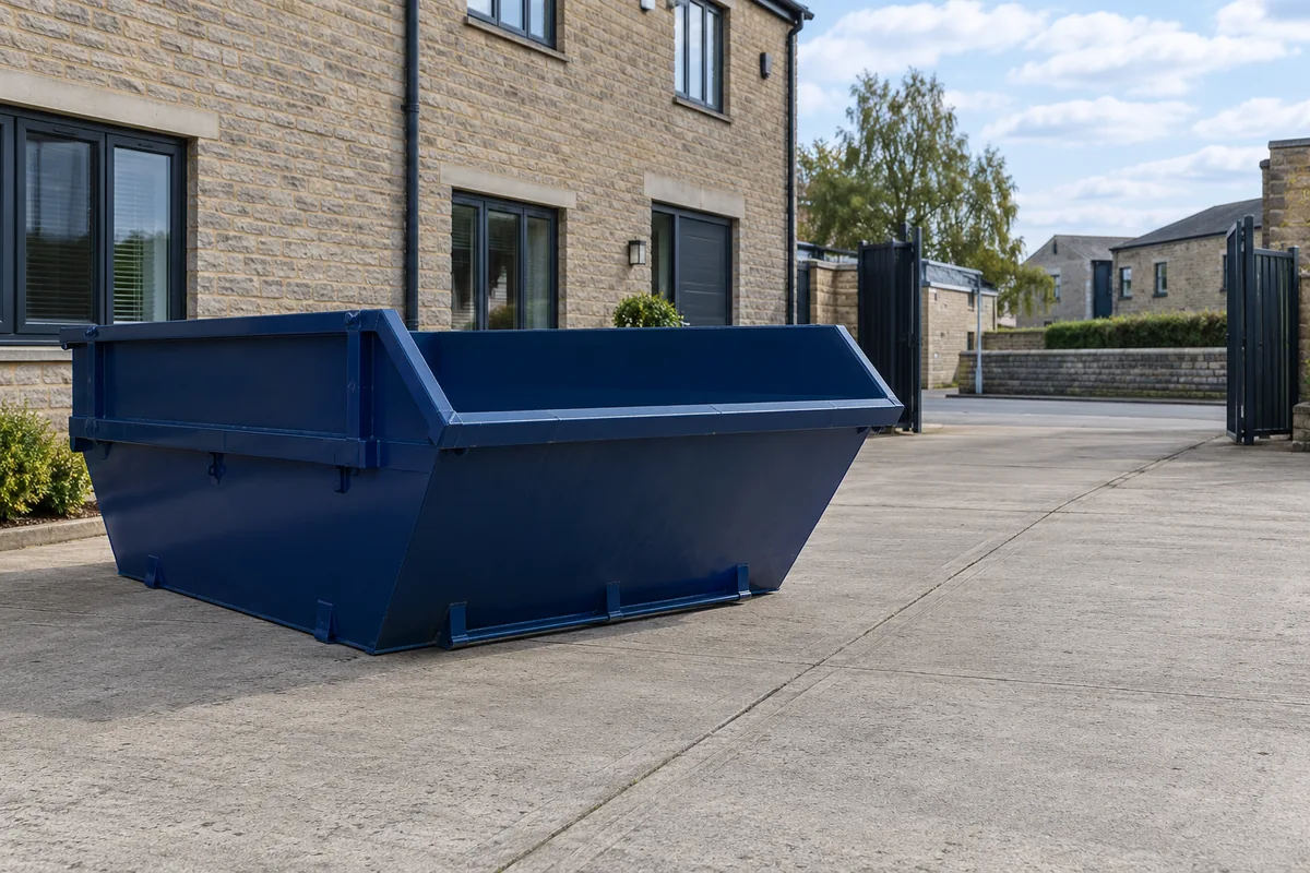 Empty blue skip in a private courtyard with a wide entrance
