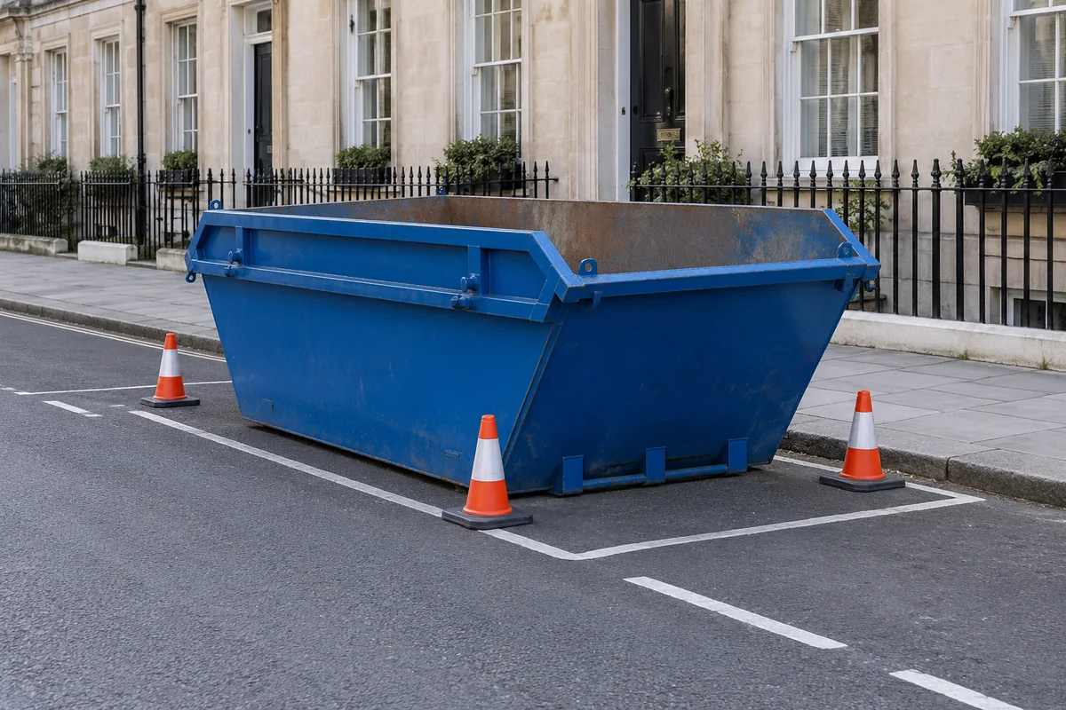 Empty blue skip in a roadside parking space beside a clear pavement