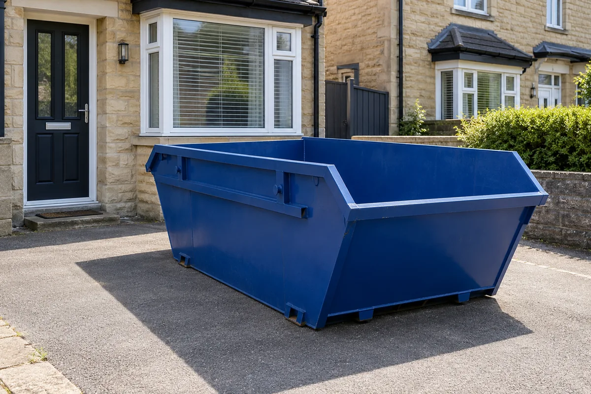 Empty blue skip beside a terraced property with a clear entrance
