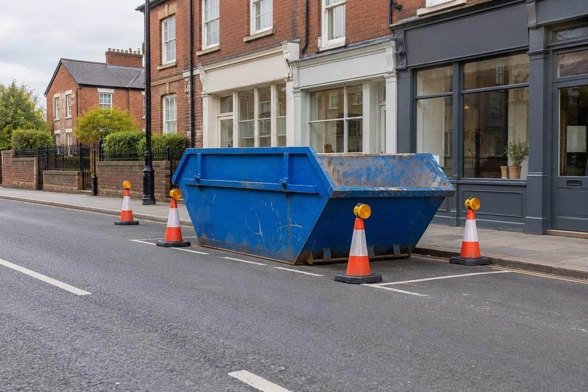 Blue skip beside a clear pavement and buildings