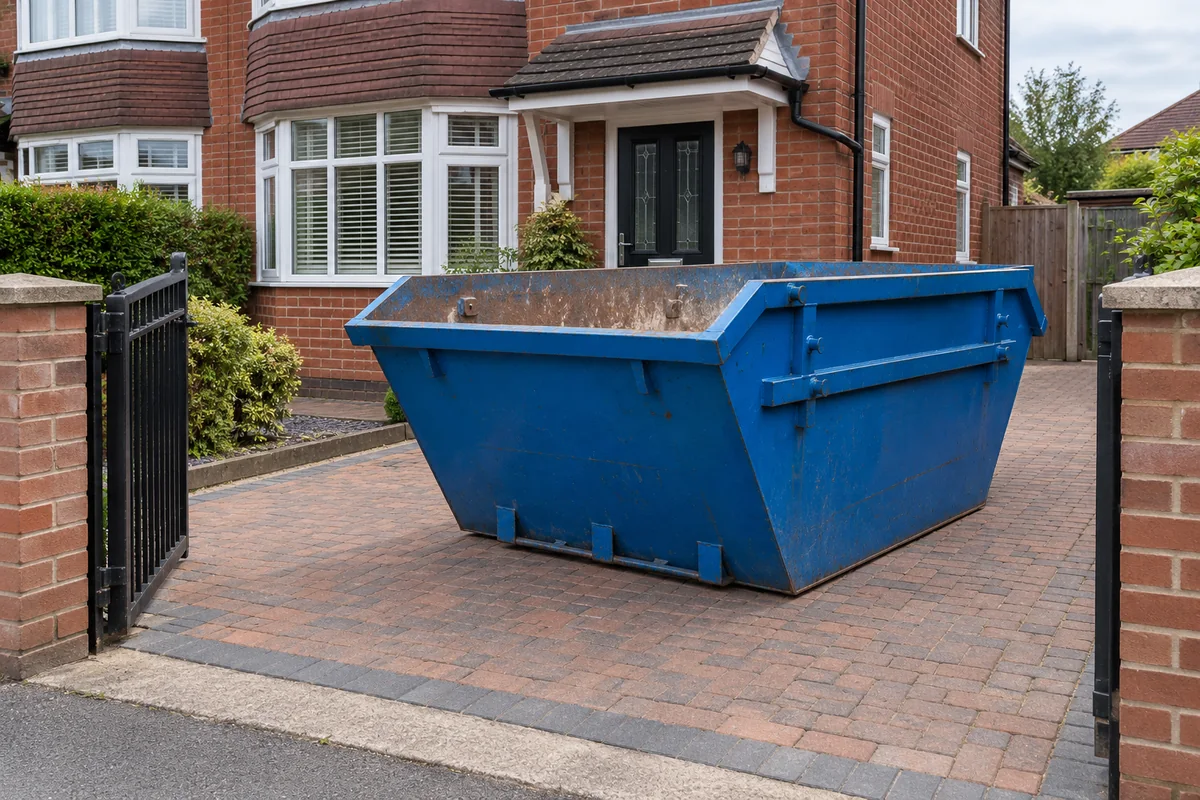 Blue skip beside a British home with clear access