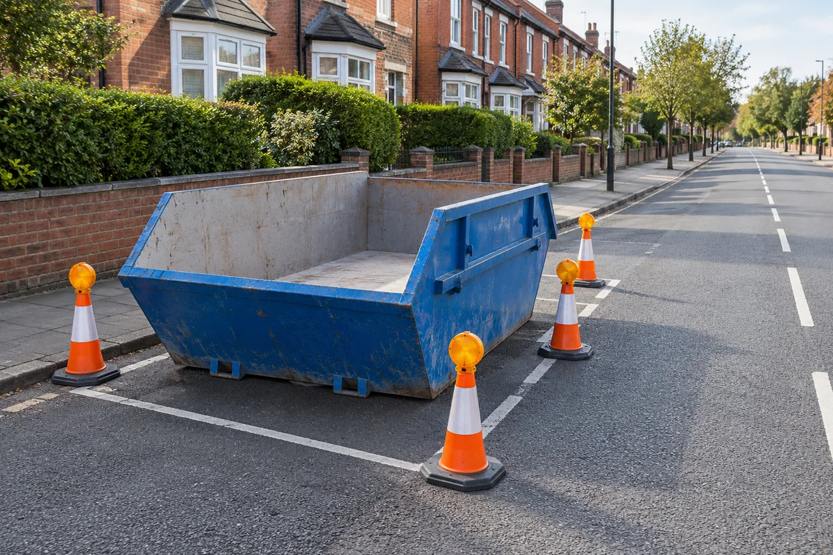 Blue skip in a roadside space with cones and lamps
