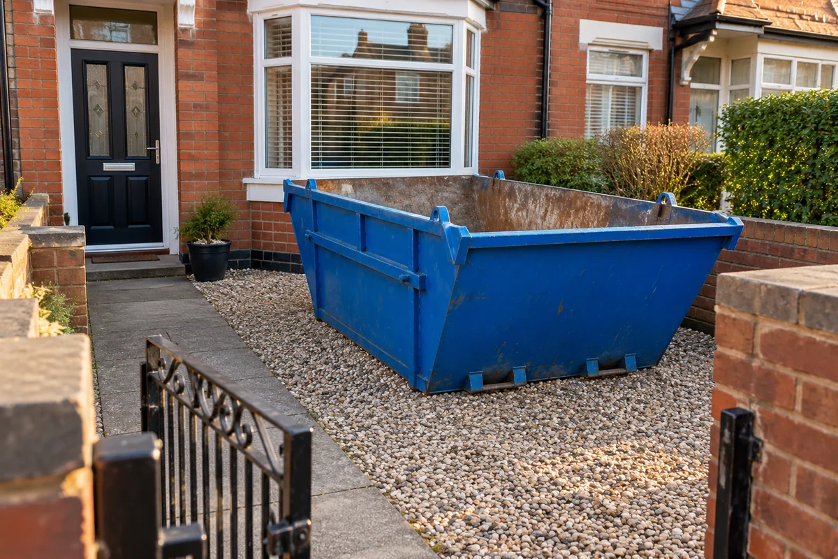 Blue skip in a private space beside a home