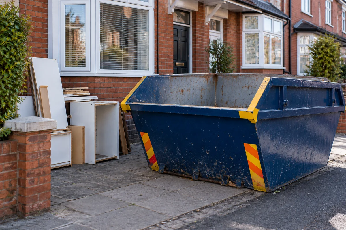 Blue skip outside a British residential property