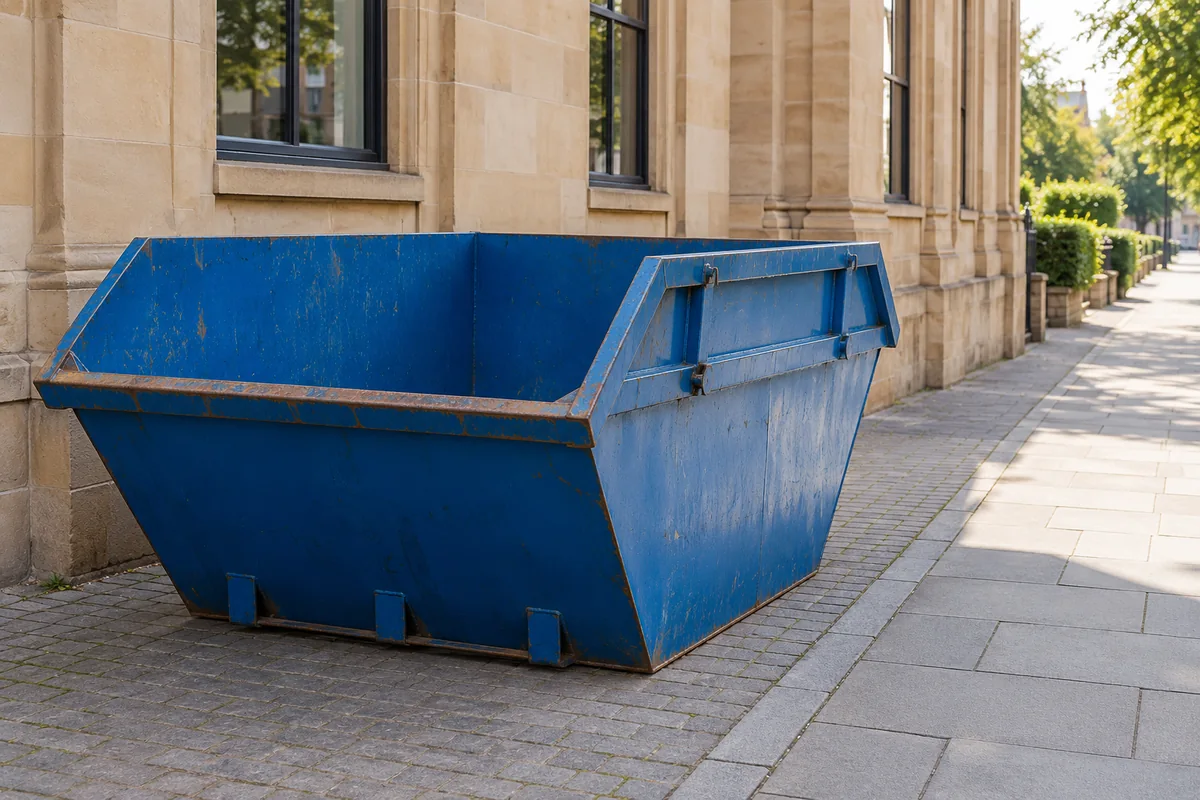 Empty blue skip beside a stone building and a clear paved route