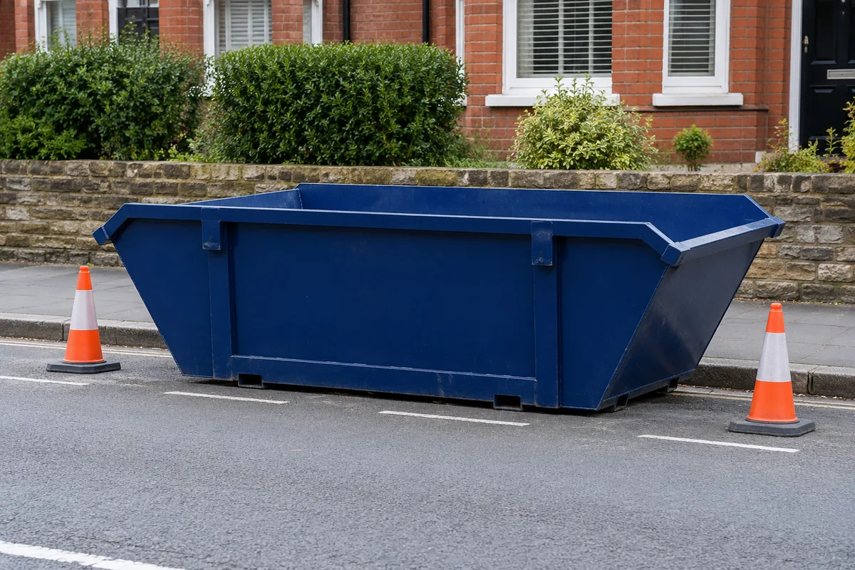 Empty blue skip in a roadside parking space beside a clear pavement