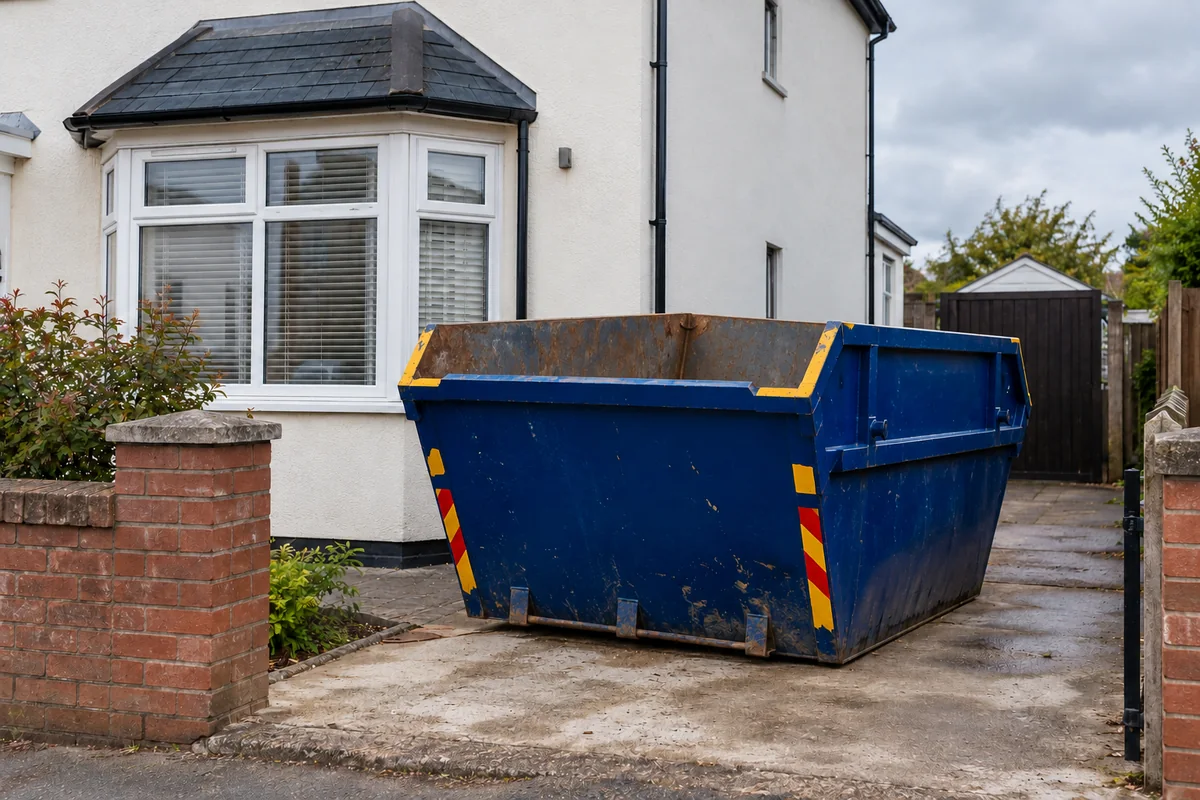 Blue skip outside a British residential property