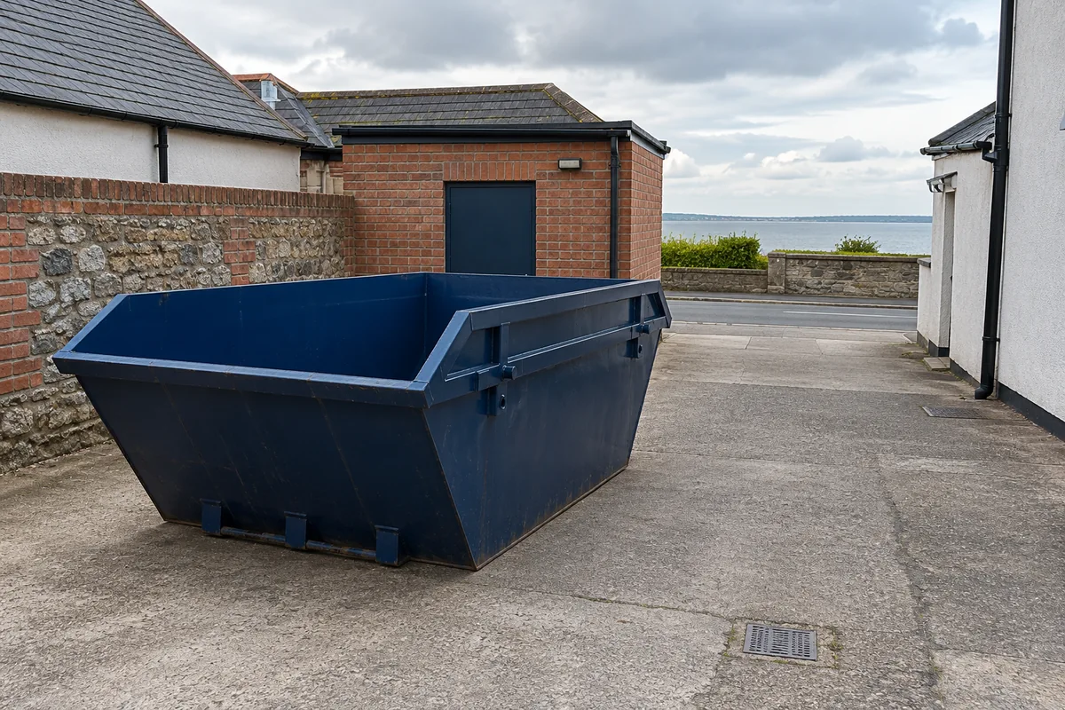 Empty blue skip in a private yard behind shop buildings