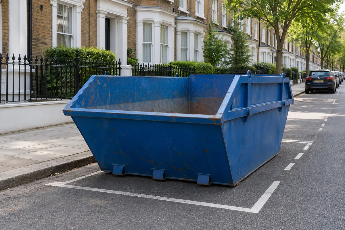 Empty blue skip in a roadside parking space beside a clear pavement