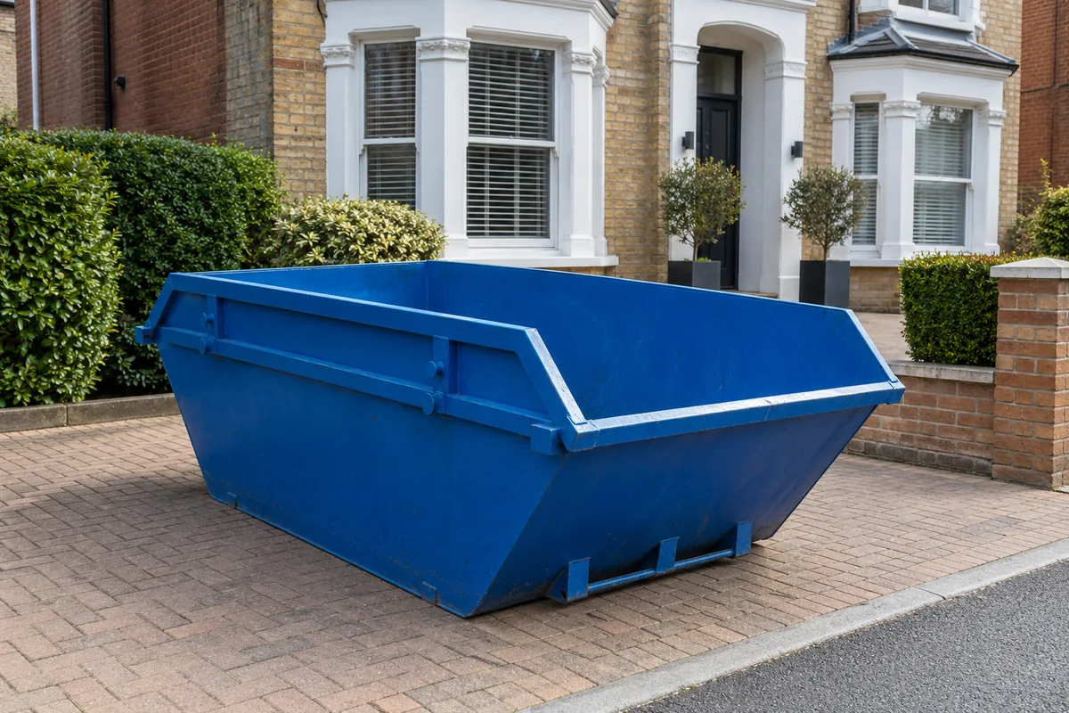Empty blue skip on a private forecourt beside a terraced building