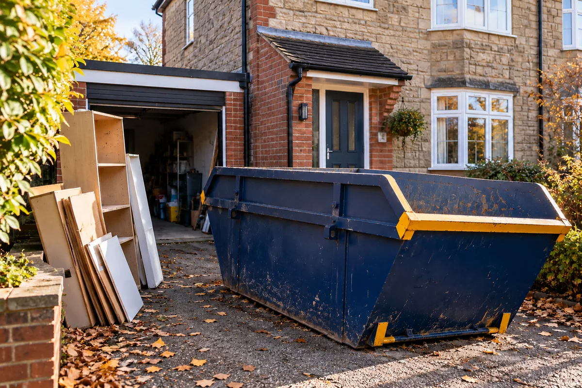 Blue skip outside a British residential property
