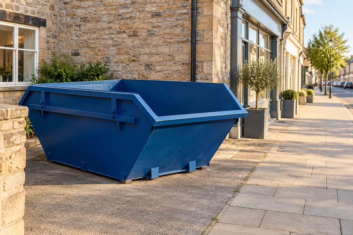 Empty blue skip on a paved forecourt beside stone-fronted shops