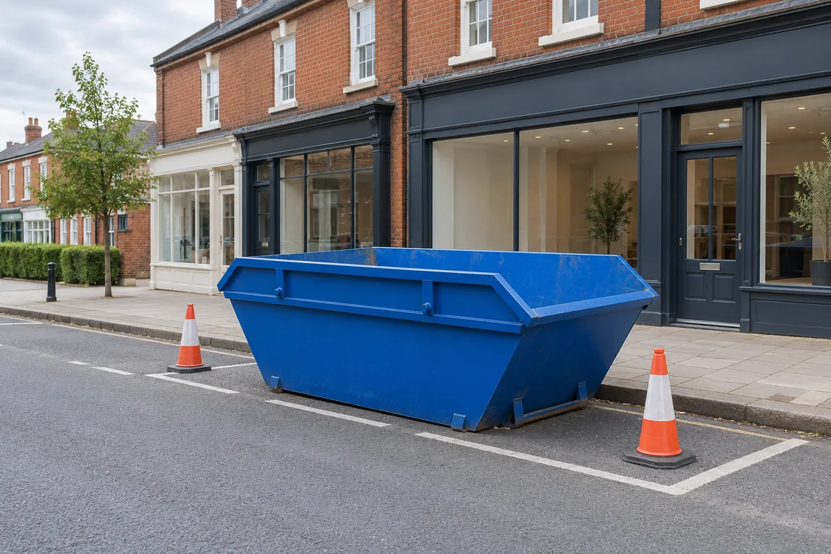 Empty blue skip in a roadside parking space beside a clear pavement