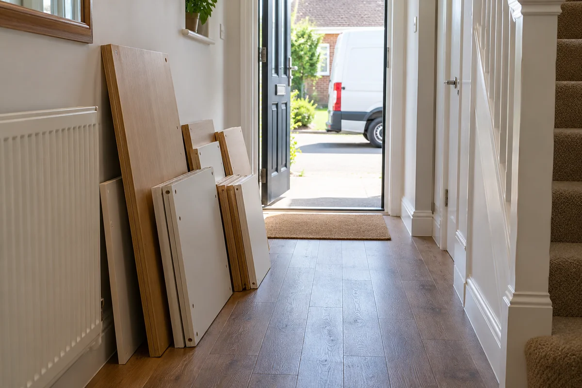 Dismantled furniture panels ready beside a clear hallway and open front door