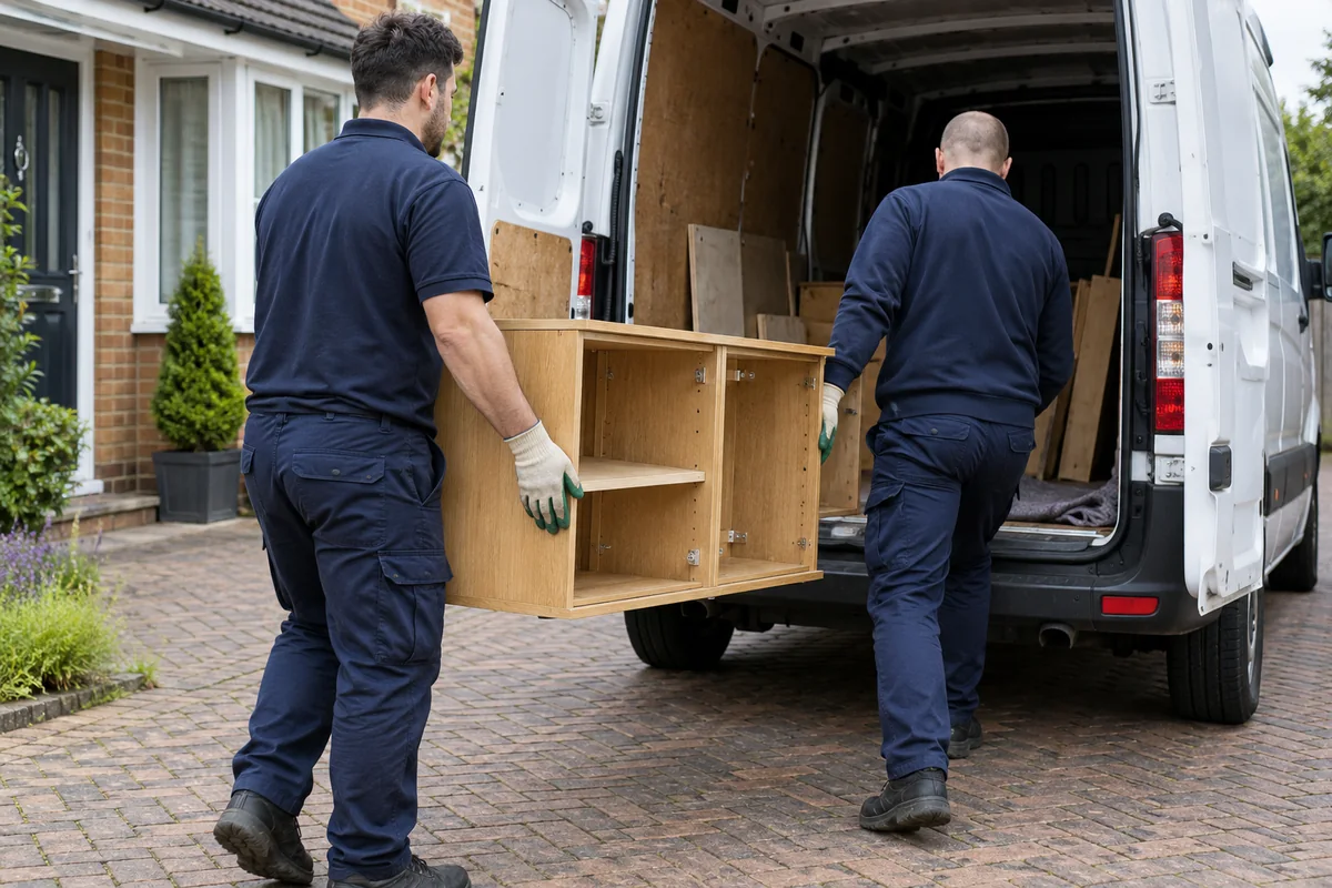 Two workers carrying a wooden cupboard into a white collection van