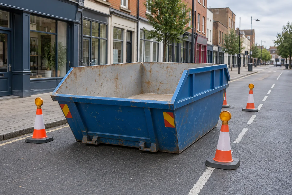 Blue skip beside a clear pavement and buildings