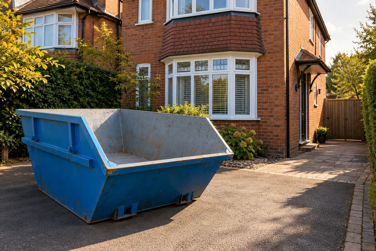 Blue skip beside a British home with clear access