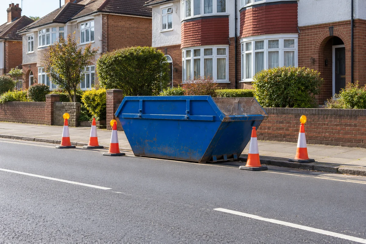 Blue skip in a roadside space with cones and lamps