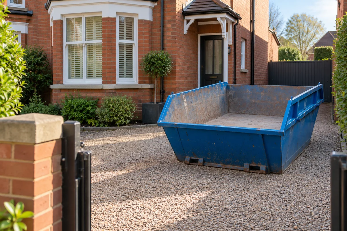 Blue skip in a private space beside a home