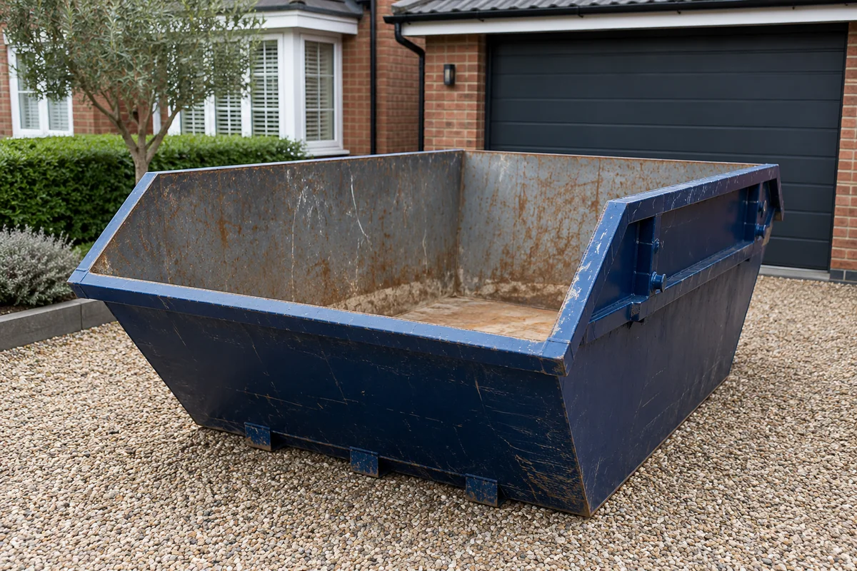Blue skip outside a British residential property
