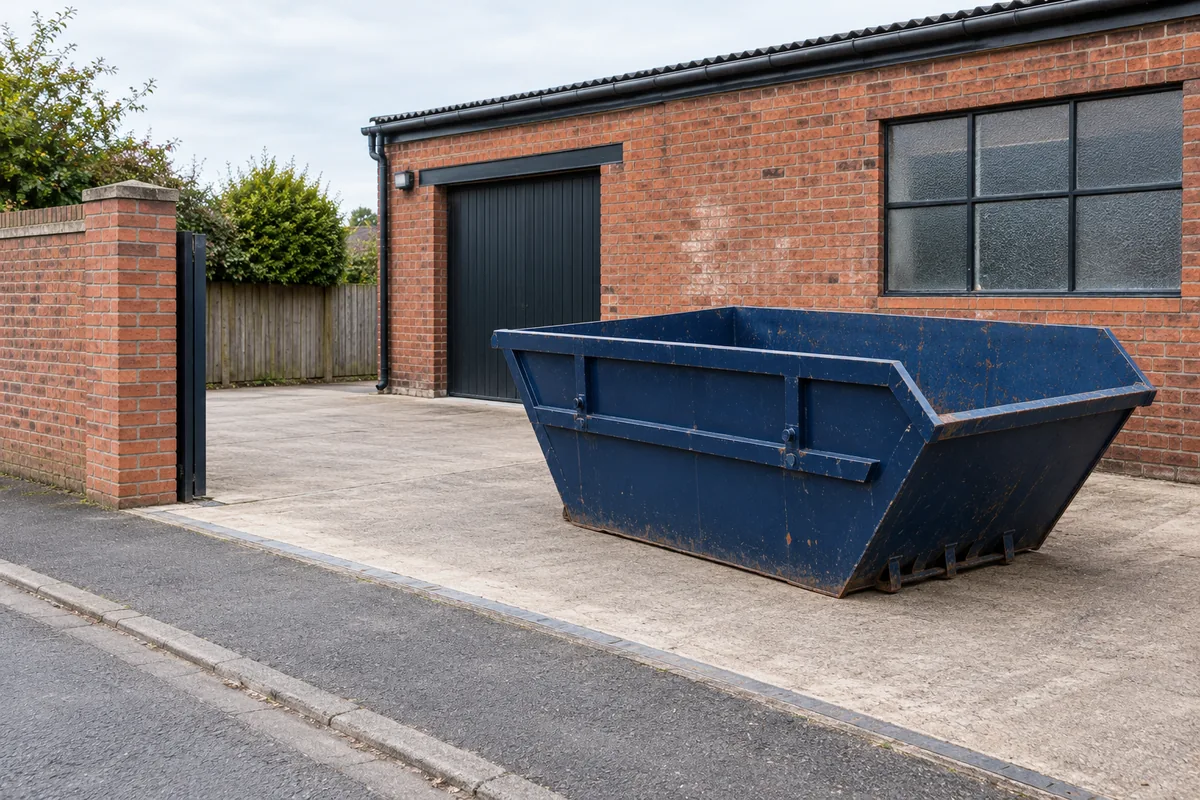 Empty blue skip on hardstanding beside a brick workshop