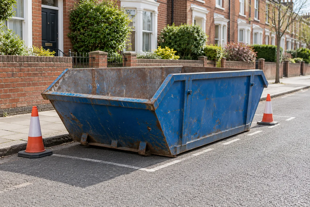 Empty blue skip in a roadside parking space beside a clear pavement