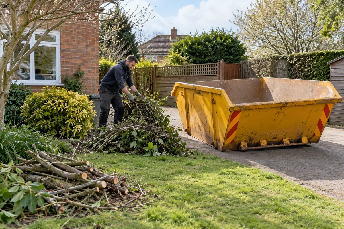 Empty skip in a private garden beside cut branches