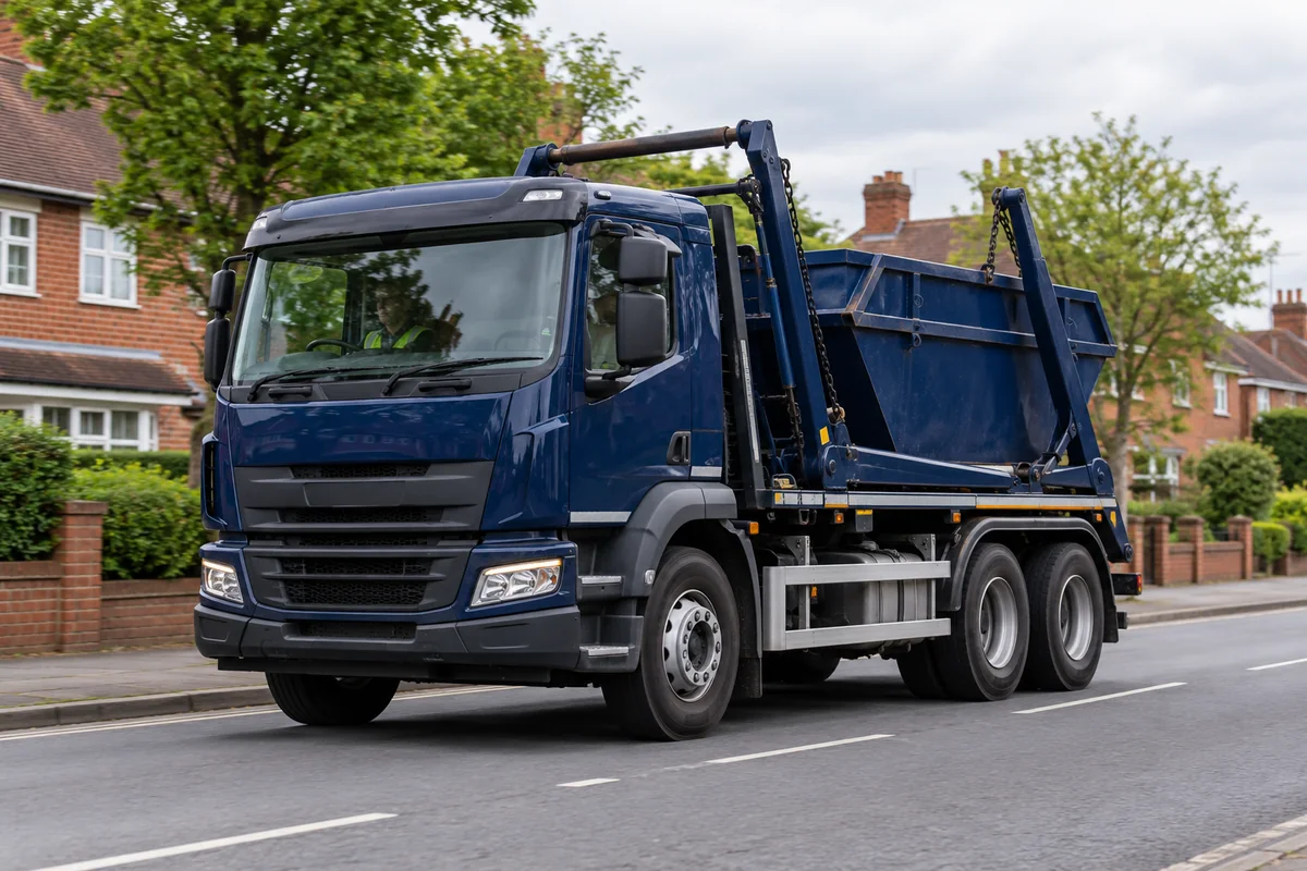 Skip delivery lorry travelling along a British residential road