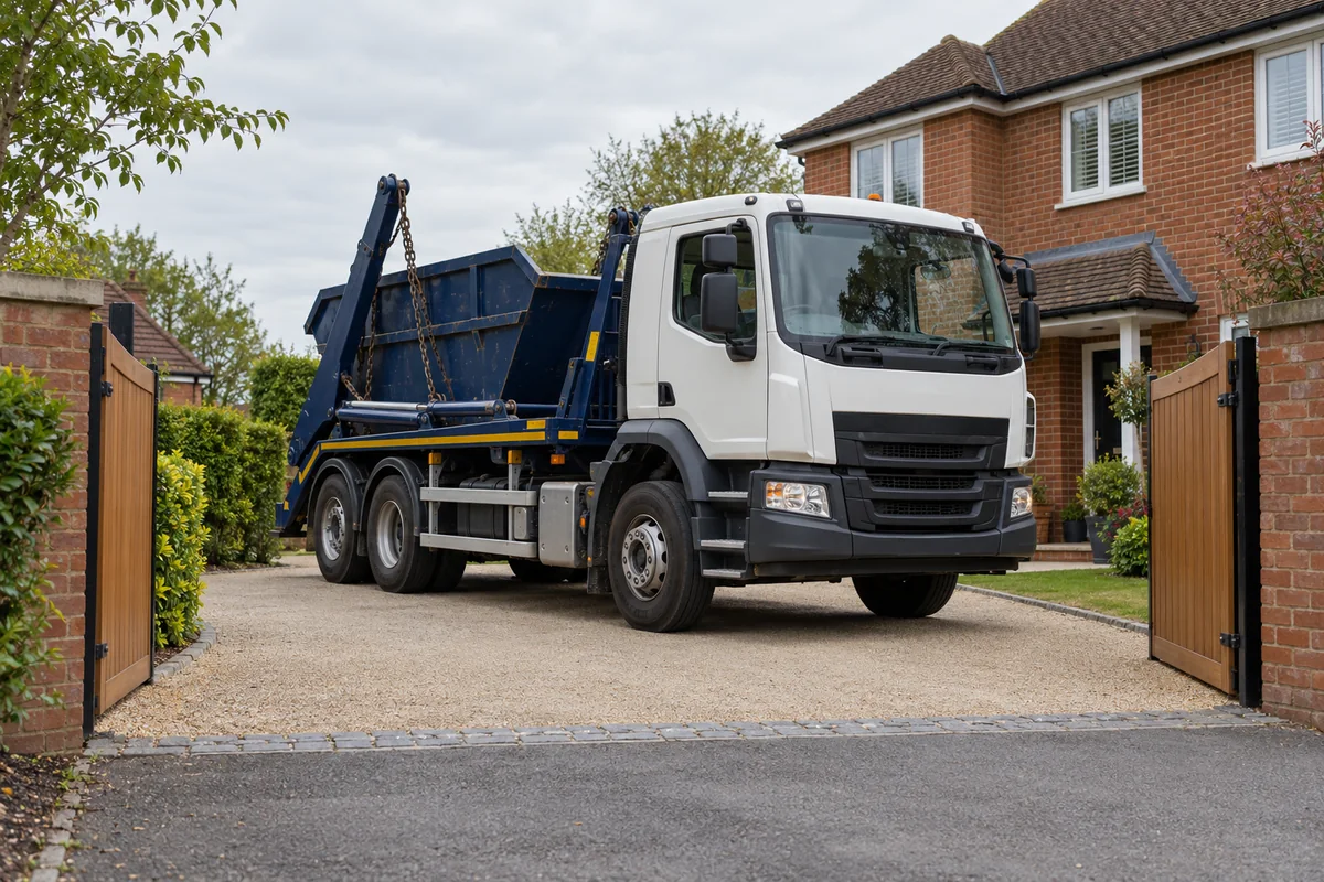 Skip delivery vehicle at a clear entrance