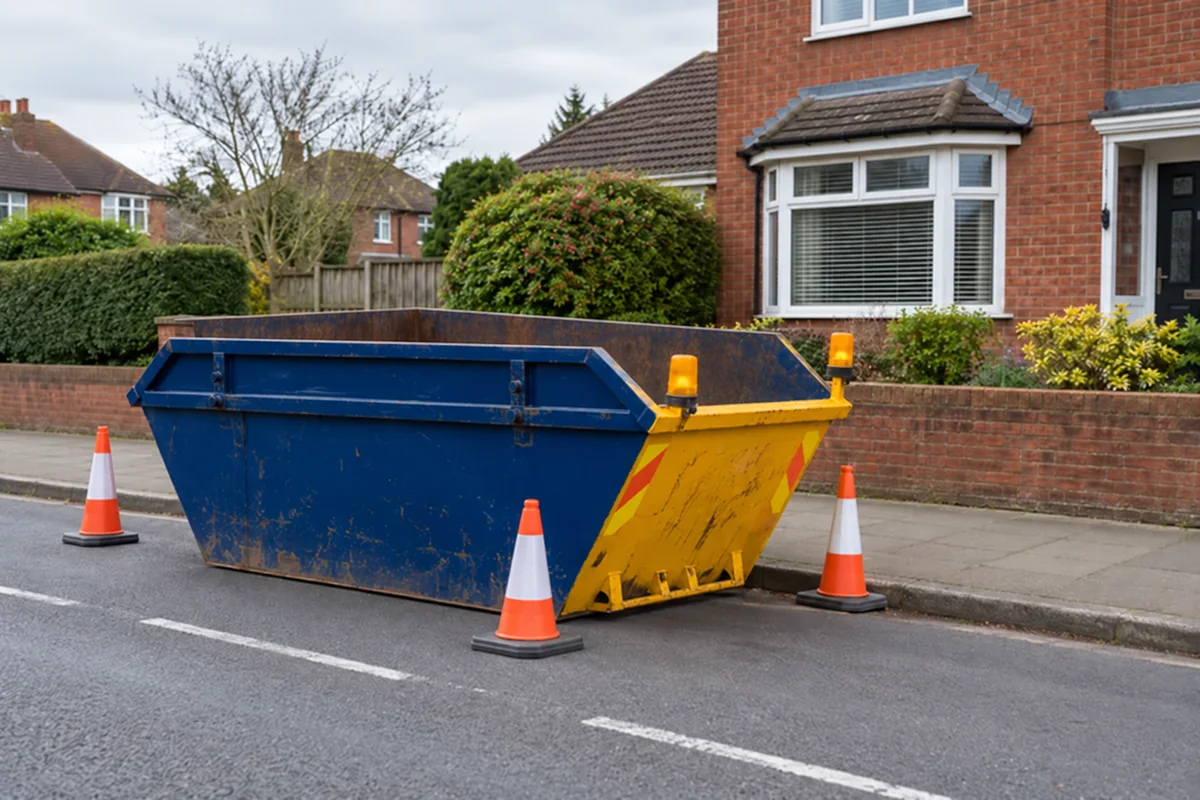 Skip on a road beside a clear pavement