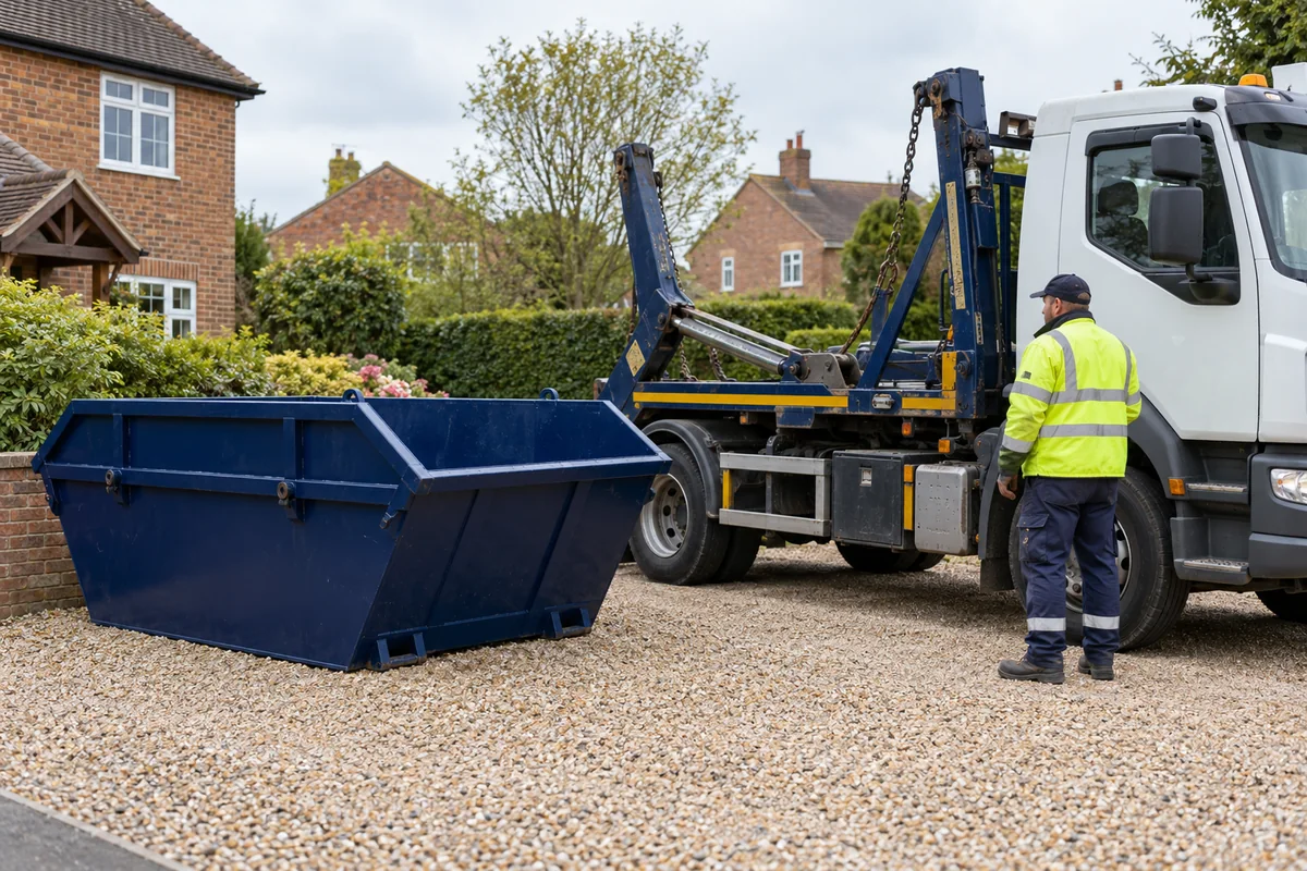 Skip delivery lorry beside a blue skip