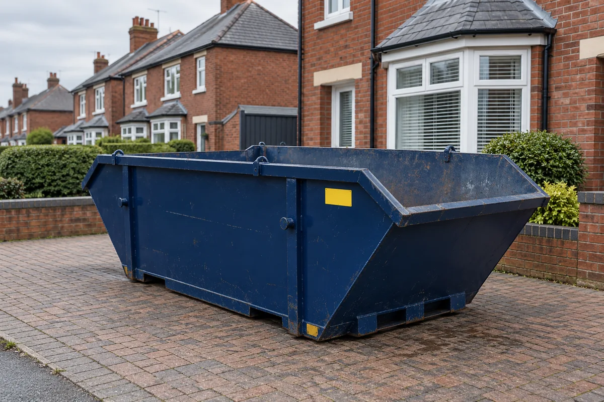 Blue skip outside a British residential property