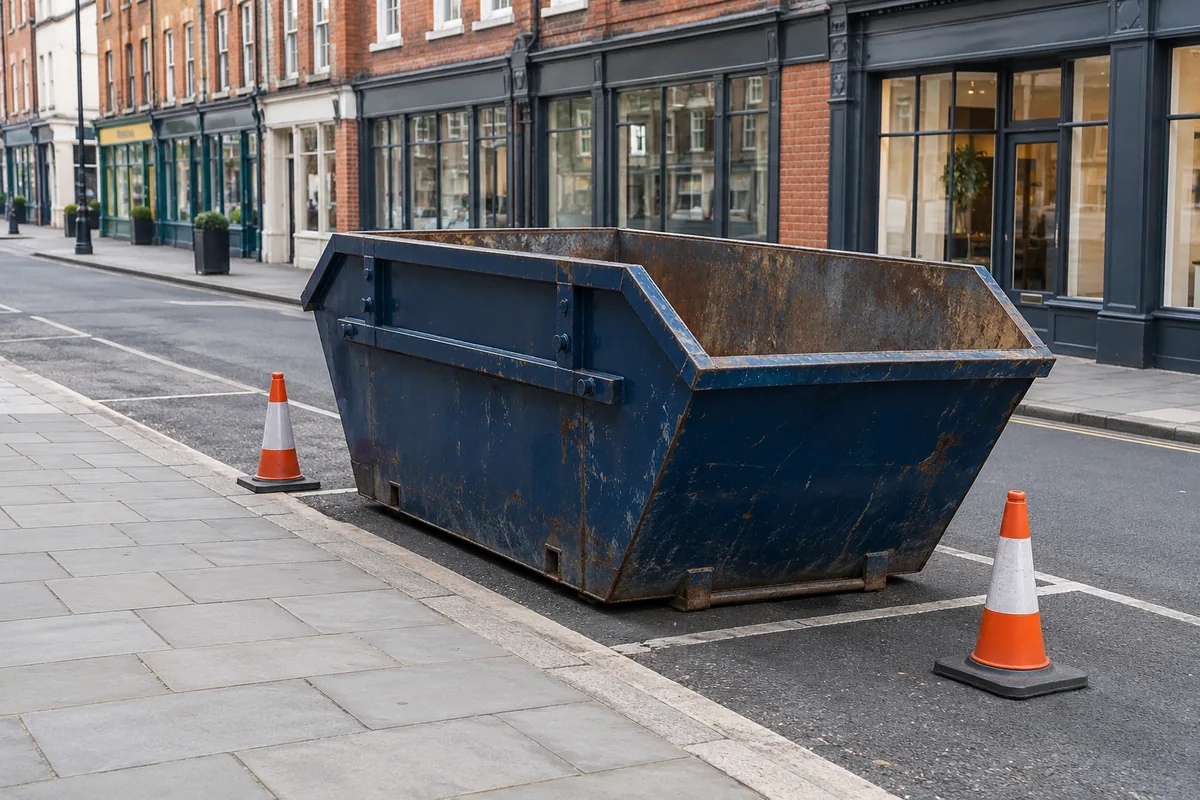 Empty blue skip beside urban shopfronts and a clear pavement