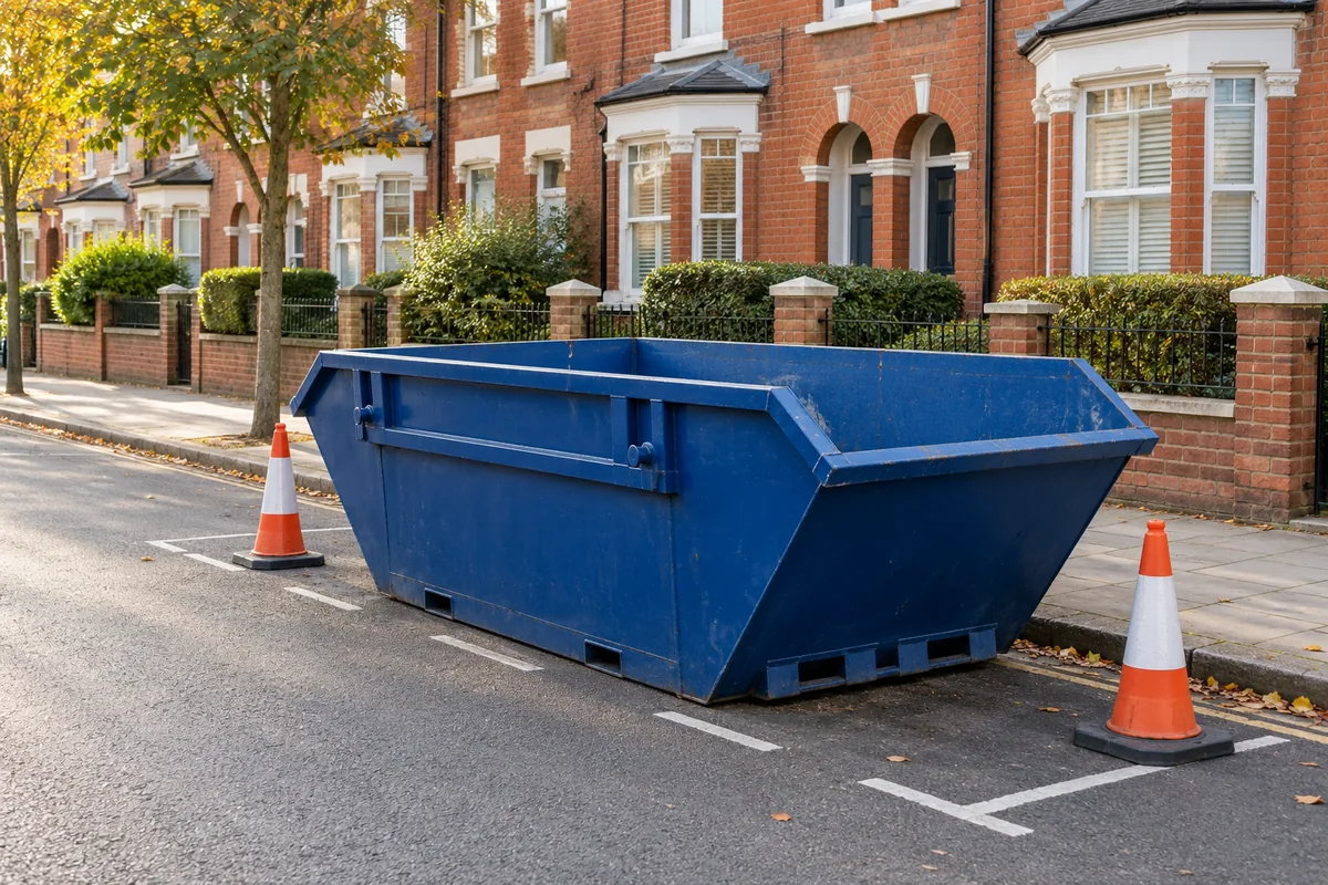 Empty blue skip in a roadside parking space beside a clear pavement