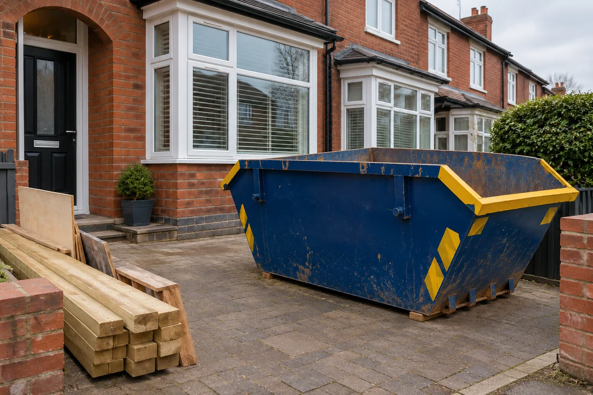 Blue skip outside a British residential property