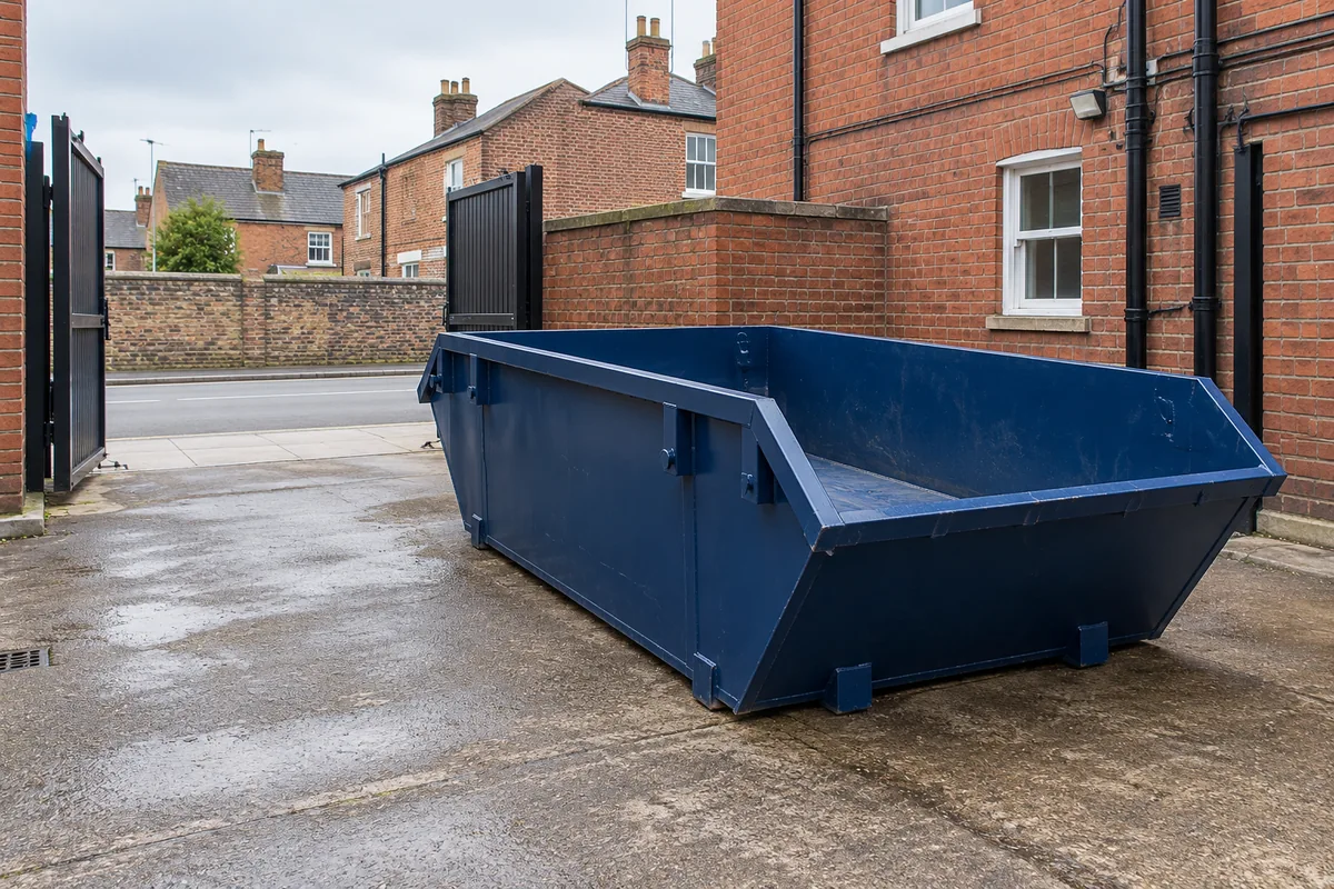 Empty blue skip in a private brick service courtyard