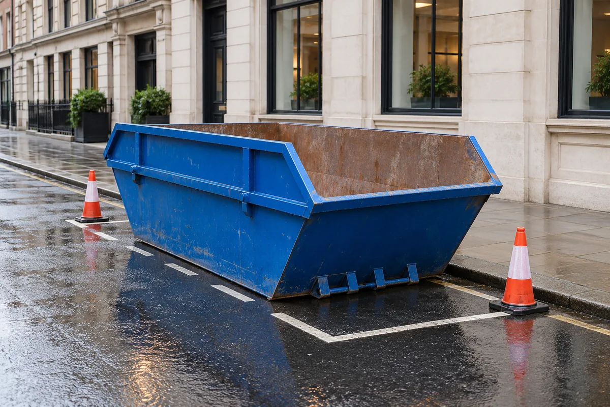 Empty blue skip in a roadside parking space beside a clear pavement