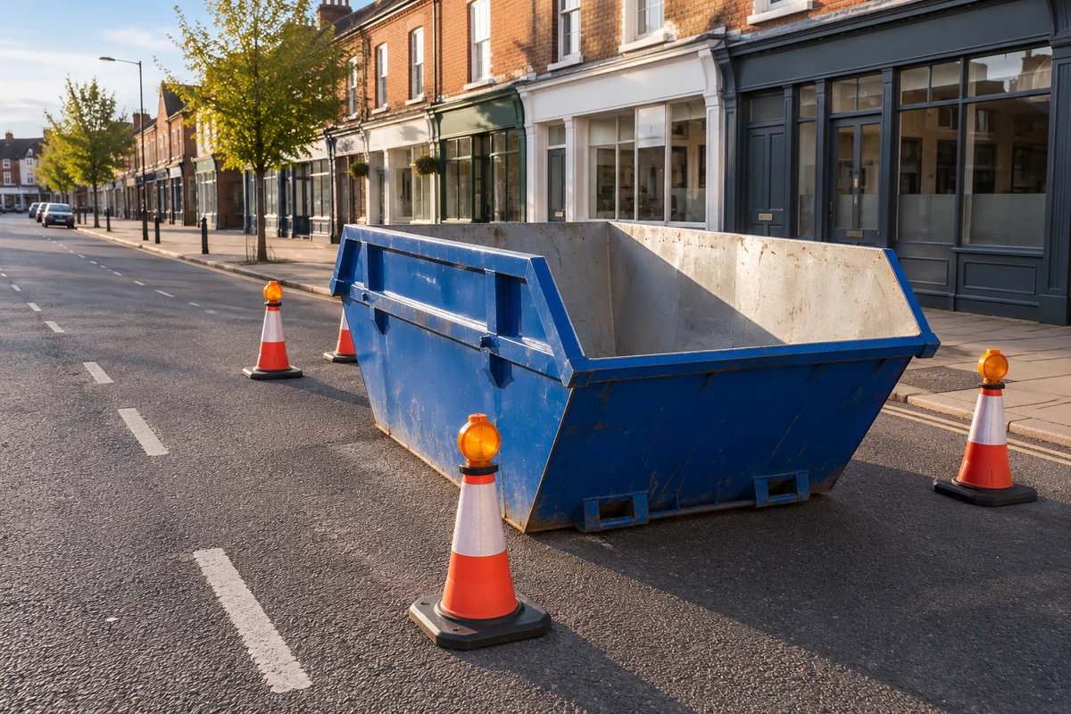 Blue skip beside a clear pavement and buildings