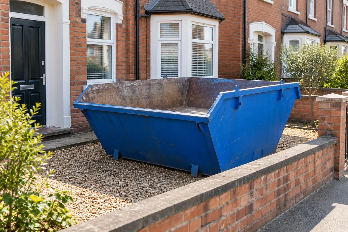 Blue skip beside a British home with clear access