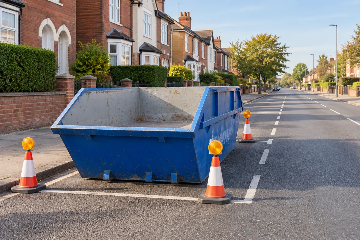 Blue skip in a roadside space with cones and lamps