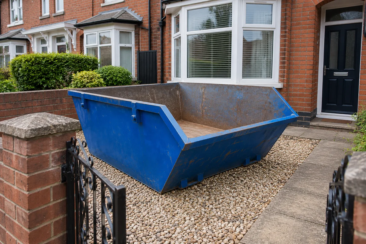 Blue skip in a private space beside a home
